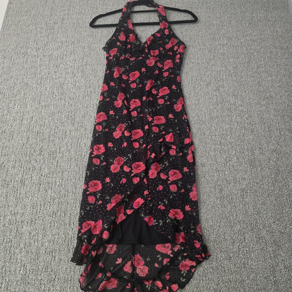 Vtg Y2K Rampage Black Floral Halter High Low Handkerchief Hem Dress Sz S Fairy